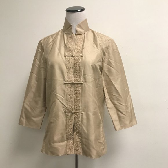 Shanghai Tang tan silk embroidered mandarin dress jacket top 8 NWT - Picture 1 of 7